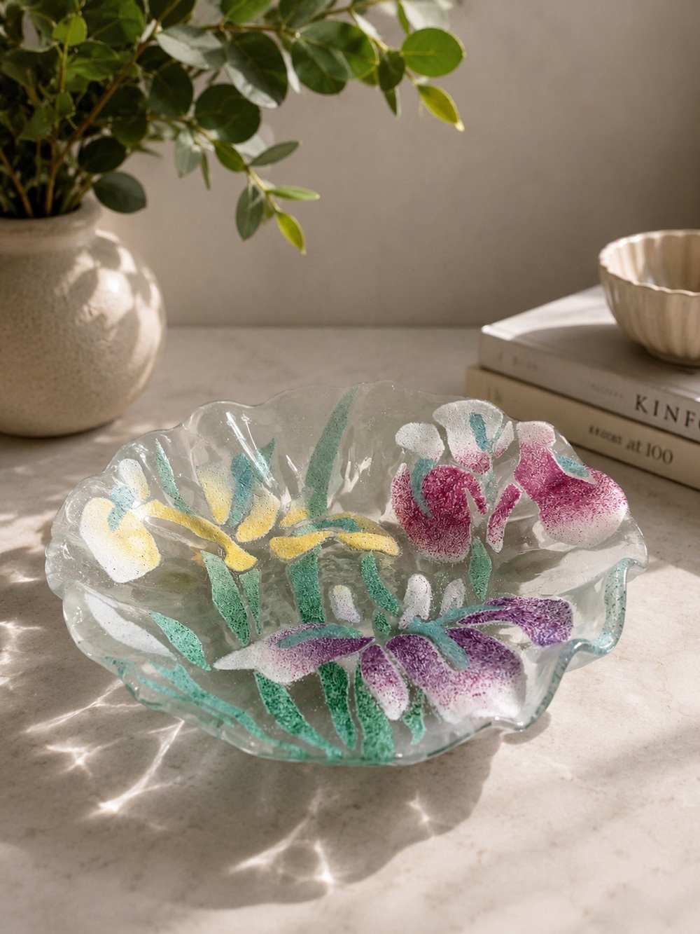 Handpainted Sidenstriker Floral Fused Glass Bowl Green, Purple, Pink, Yellow